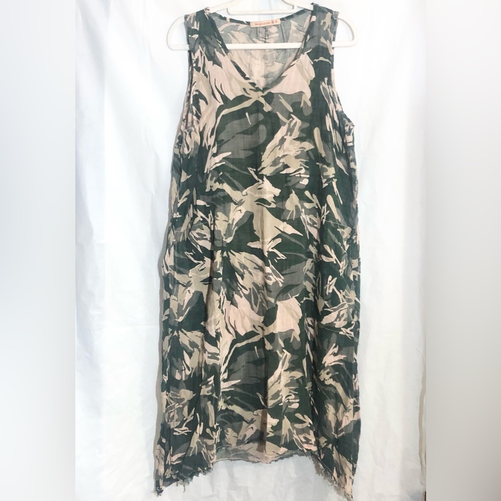 XCVI Wearables Camo Tropical Dress Sz M Fringe Pockets Lagenlook